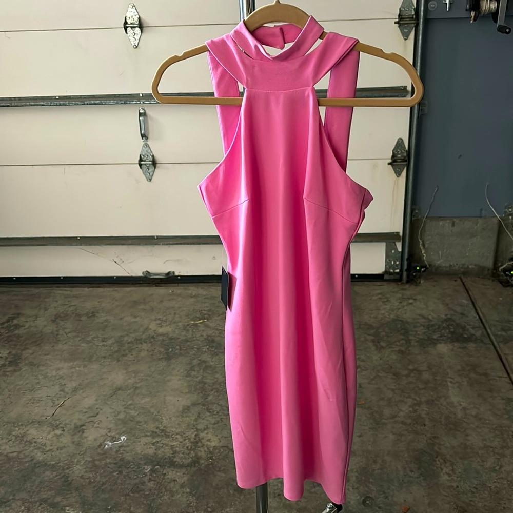 Bebe halter neck bodycon dress size XS in begonia pink